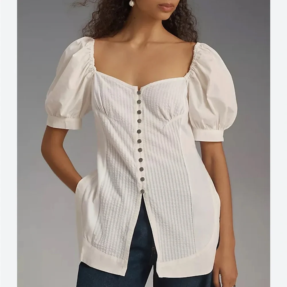 Anthro Maeve Puff Sleeve Sweetheart Top